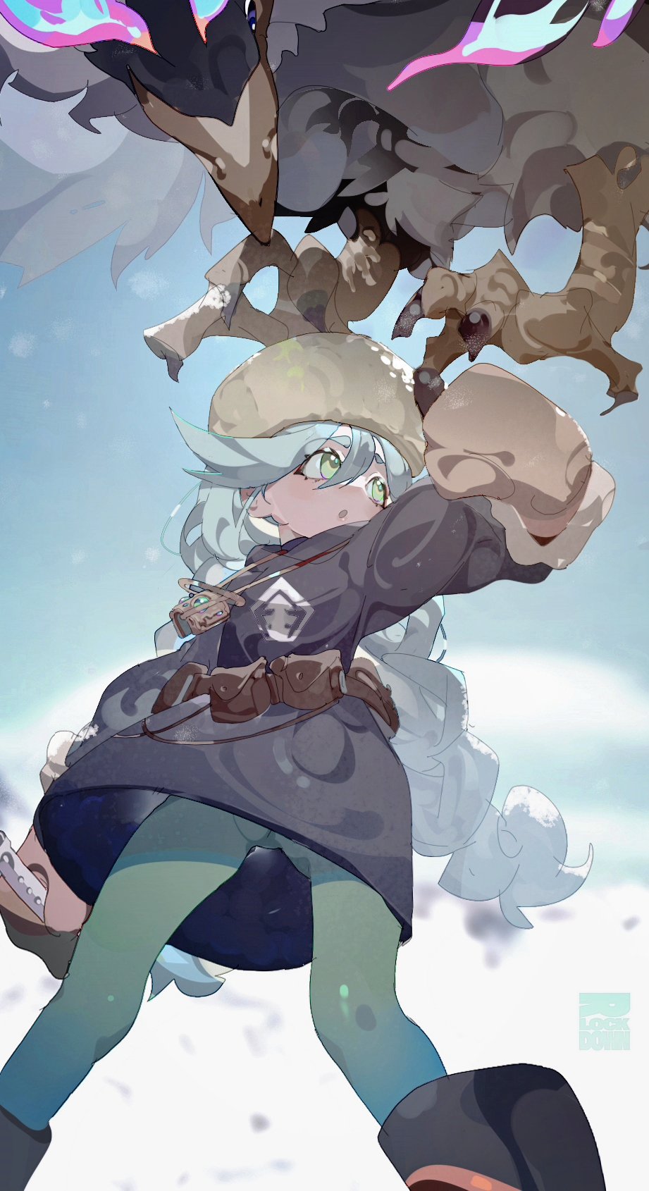 bangs, beak, braid, braviary, green_eyes, green_hair, highres, leather_belt