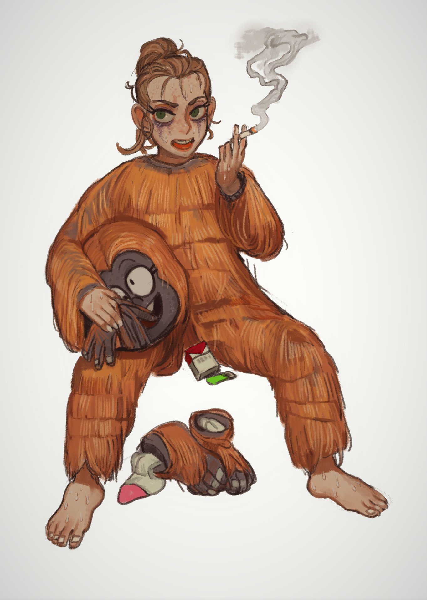1girl, animal_costume, barefoot, brown_hair, cigarette, cigarette_pack, cosplay, costume, freckles, green_eyes, hand_up, highres, holding, holding_cigarette, invisible_chair, kigurumi, long_sleeves, looking_at_viewer, monkey_costume, mossacannibalis, open_mouth, original, ponytail, runny_makeup, shoes, shoes_removed, simple_background, sitting, smoke, smoking, socks, solo, sweat, toenails, toes, white_background