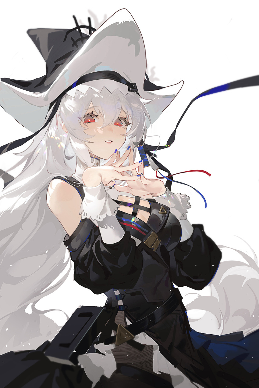 1girl, amo_(amo9612), arknights, bangs, belt, black_dress, black_headwear, blue_nails, book, breasts, cowboy_shot, detached_sleeves, dress, eyebrows_visible_through_hair, eyes_visible_through_hair, fingers_together, hair_between_eyes, hands_up, hat, hat_ribbon, highres, light_blush, light_particles, light_smile, long_hair, long_sleeves, looking_at_viewer, off-shoulder_dress, off_shoulder, parted_lips, red_eyes, ribbon, shadow, simple_background, smile, solo, specter_(arknights), specter_the_unchained_(arknights), white_background, white_hair, white_headwear