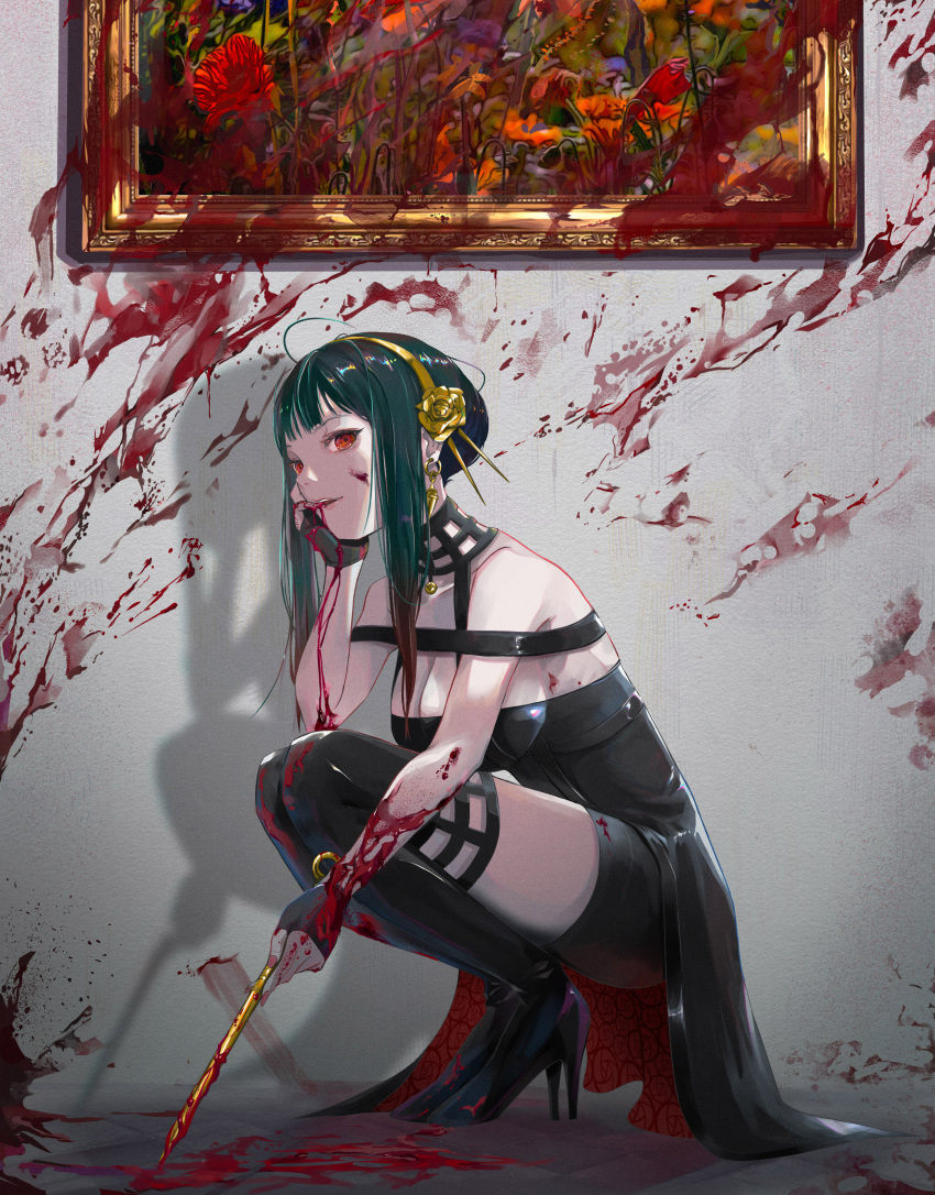 1girl, absurdres, ahoge, bangs, bare_shoulders, black_dress, black_footwear, black_gloves