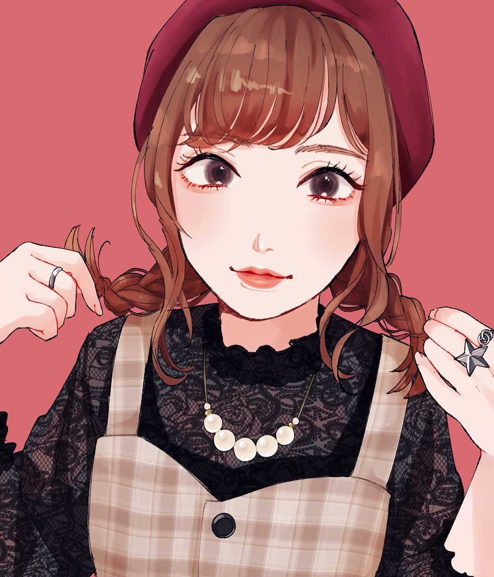 1girl, black_shirt, braid, brown_dress, brown_eyes, brown_hair, closed_mouth, dress, frilled_shirt, frills, hands_up, hat, jewelry, lipstick, looking_at_viewer, makeup, original, red_background, red_headwear, red_lips, ring, shirt, simple_background, smile, solo, star_ring, tsunko_(9v2_q), twin_braids, unmoving_pattern, upper_body