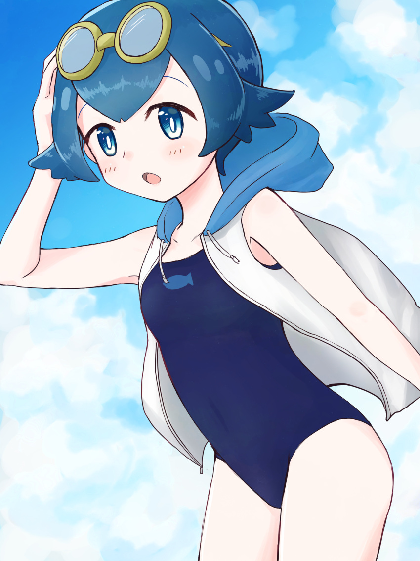 1girl, absurdres, blue_eyes, blue_hair, blue_sky, blue_swimsuit, bright_pupils, casual_one-piece_swimsuit, clouds, collarbone, cowboy_shot, day, eyebrows_behind_hair, flat_chest, freckles, goggles, goggles_on_head, hair_between_eyes, hairband, highres, hood, hooded_jacket, jacket, lana_(pokemon), no_sclera, one-piece_swimsuit, open_mouth, outdoors, pokemon, pokemon_(game), pokemon_sm, short_hair, sky, sleeveless, sleeveless_jacket, smile, solo, swimsuit, swimsuit_under_clothes, taketiyo200, white_jacket, white_pupils, yellow_hairband
