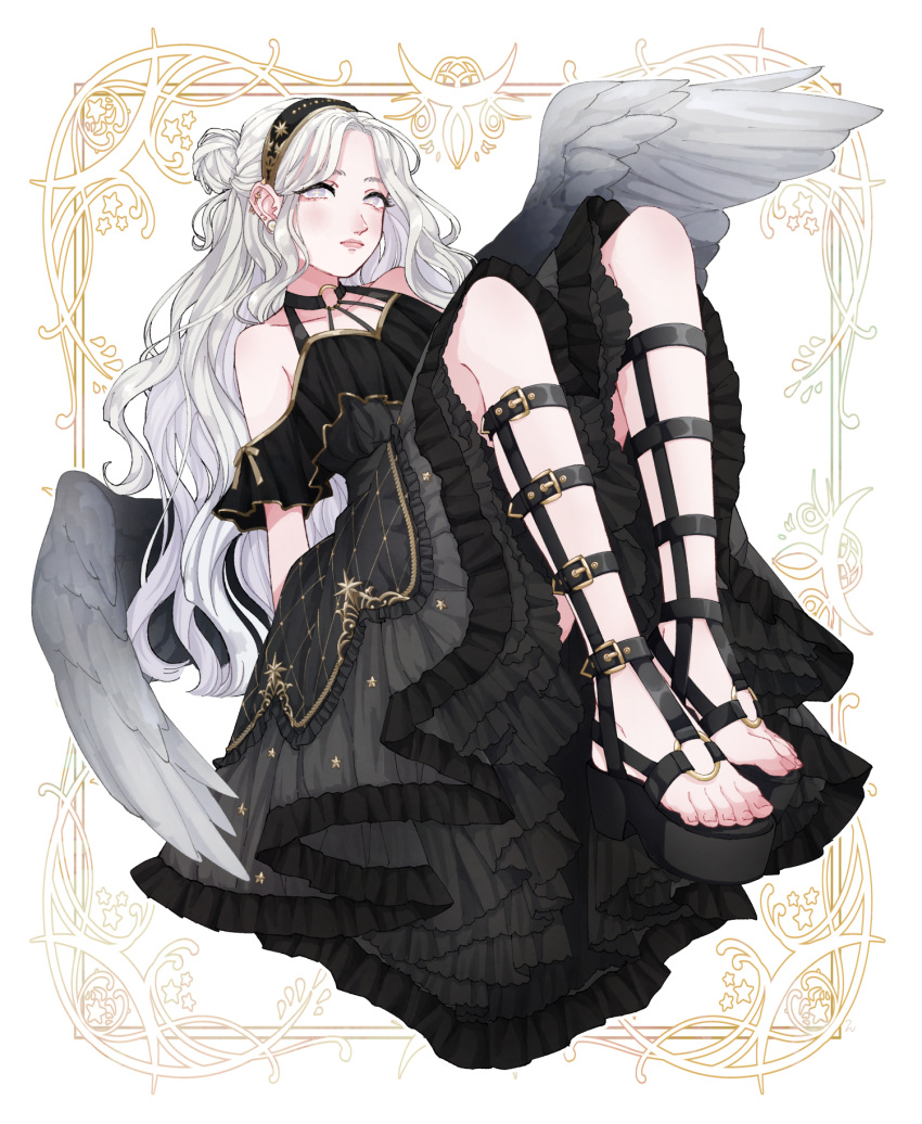 +_+, 1girl, angel_wings, bare_shoulders, black_dress, black_footwear, black_hairband, black_theme
