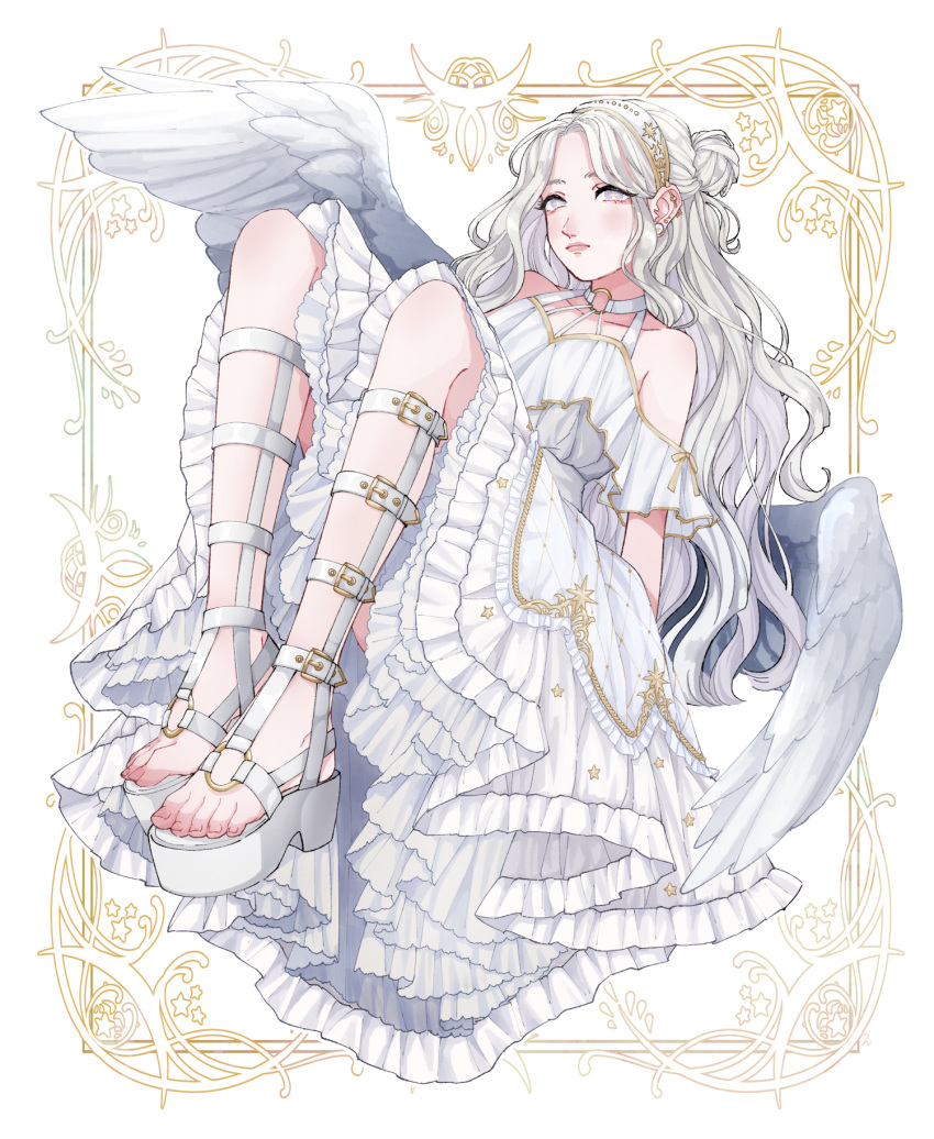 +_+, 1girl, angel_wings, bare_shoulders, choker, closed_mouth, dress, ear_piercing