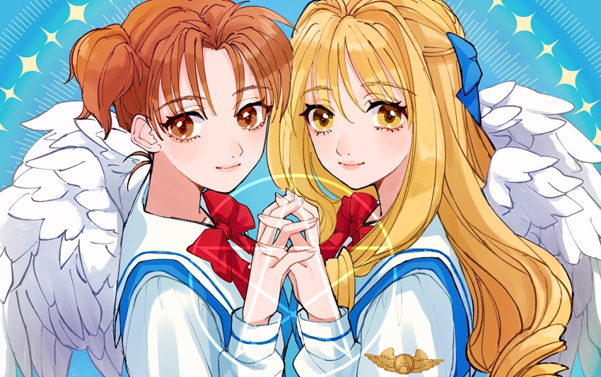 2girls, angel_wings, blue_background, blush, bow, bowtie, brown_eyes, closed_mouth
