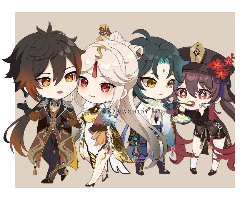 2boys, 2girls, antenna_hair, artist_name, asymmetrical_sleeves, bangs, black_gloves, blush