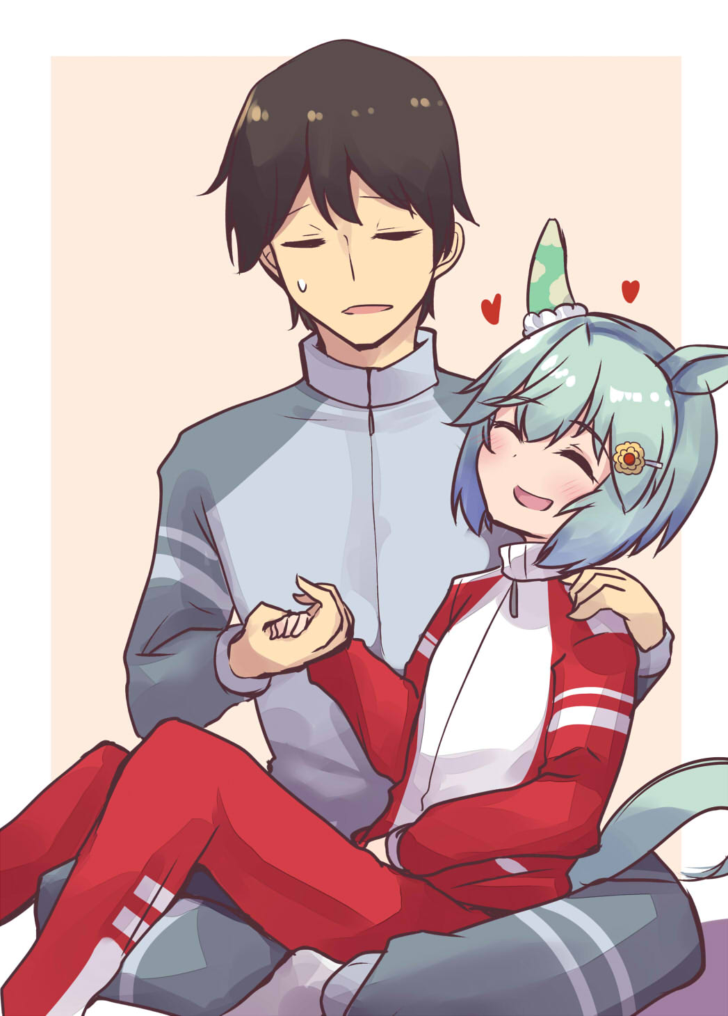 1boy, 1girl, animal_ears, black_hair, ear_covers, flower, hair_ornament, heart, highres, holding_hands, horse_ears, horse_girl, horse_tail, seiun_sky_(umamusume), short_hair, single_ear_cover, sitting, sitting_on_person, soramuko, tail, tracen_track_uniform, trainer_(umamusume), umamusume, yellow_flower