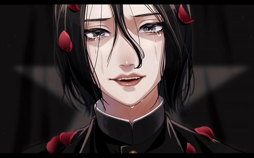 1boy, 1girl, :d, black_hair, black_jacket, close-up, crying, crying_with_eyes_open, gakuran, hair_between_eyes, highres, jacket, jaibo, litchi_hikari_club, looking_at_viewer, male_focus, open_mouth, petals, portrait, rose_petals, sad_smile, school_uniform, smile, solo, tearing_up, tears, tsunko_(9v2_q)