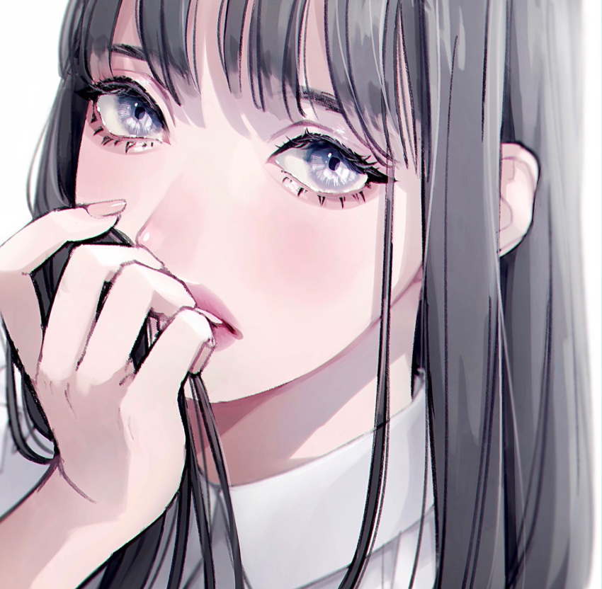 1girl, close-up, collared_shirt, eyelashes, fingernails, grey_hair, hand_up, highres