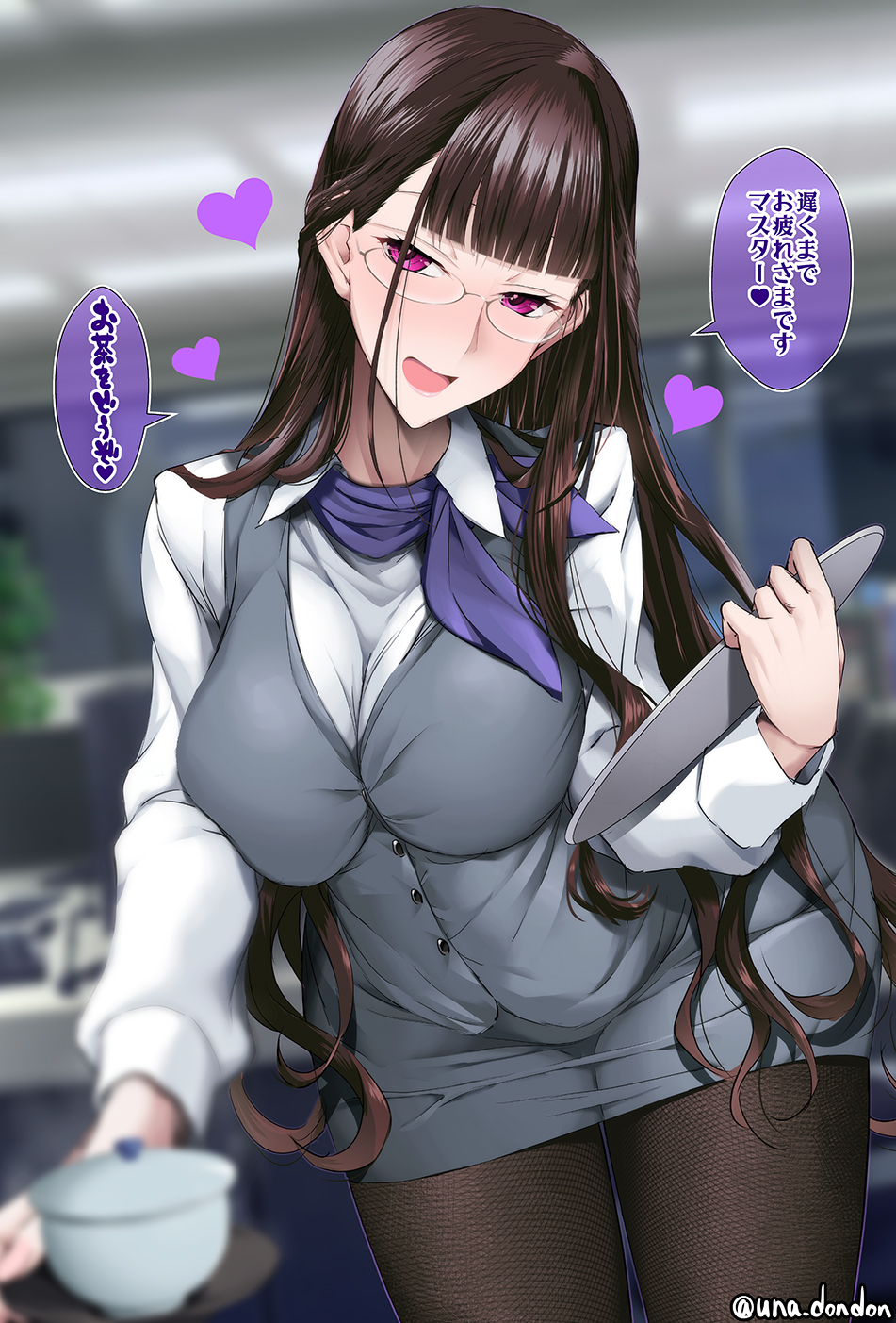 1girl, bangs, blush, breasts, brown_hair, brown_legwear, collared_shirt, dress_shirt