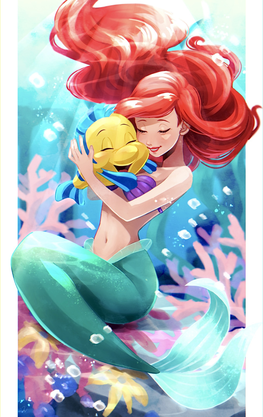 1girl, air_bubble, ariel_(disney), bikini, bubble, closed_eyes, coral, disney