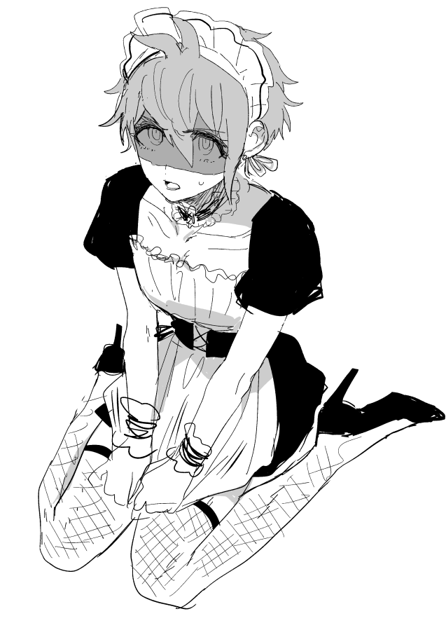 1boy, alternate_costume, amami_rantarou, antenna_hair, apron, bangs, collarbone, crossdressing