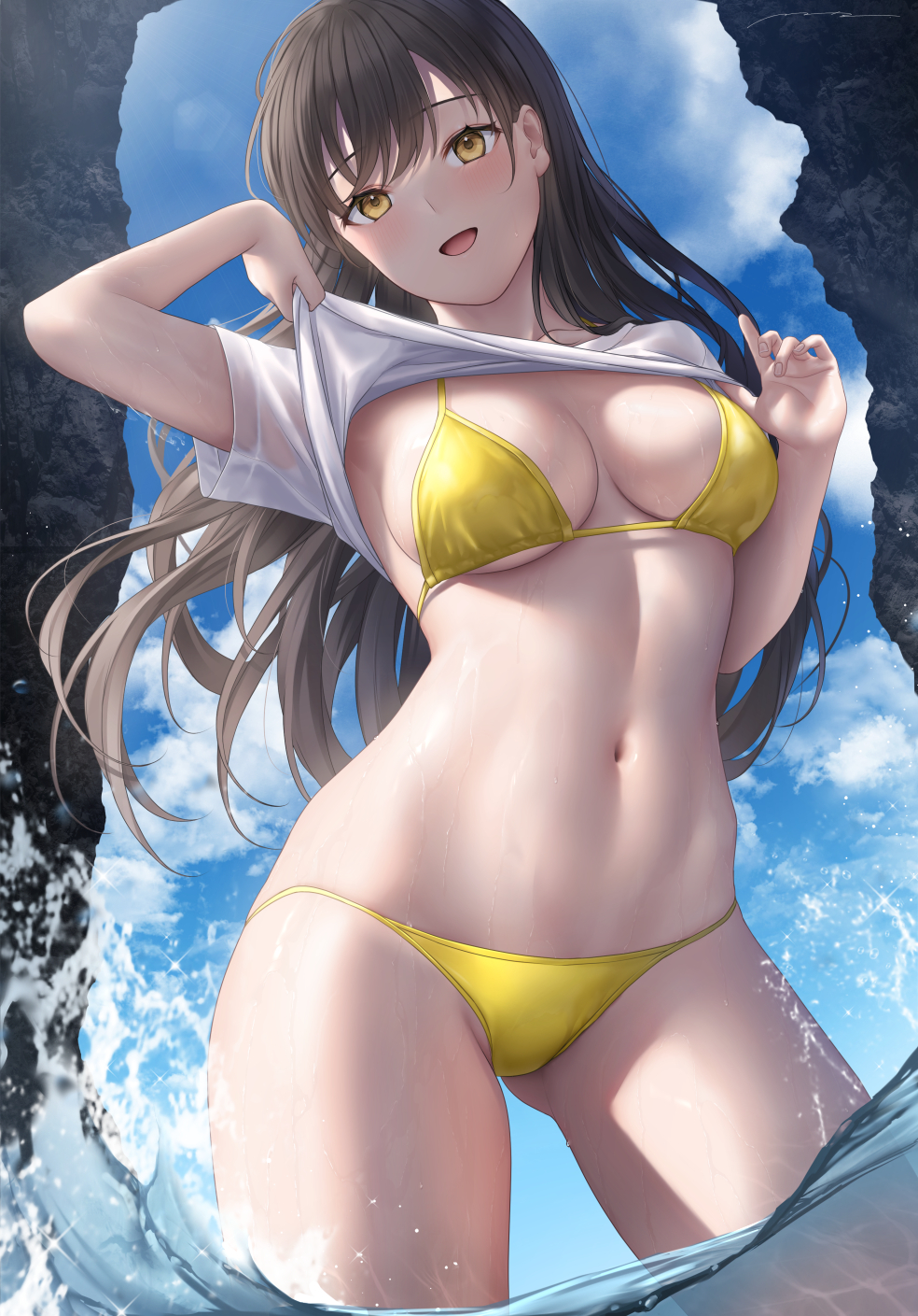 1girl, :d, bangs, bikini, blue_sky, breasts, brown_hair, clothes_lift