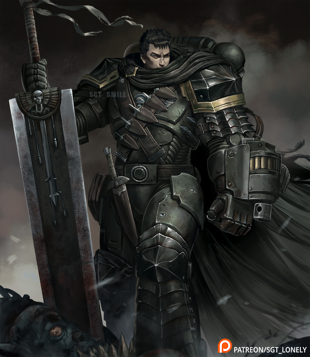 1boy, after_battle, arm_cannon, armor, berserk, berserker_armor, black_cape, black_hair