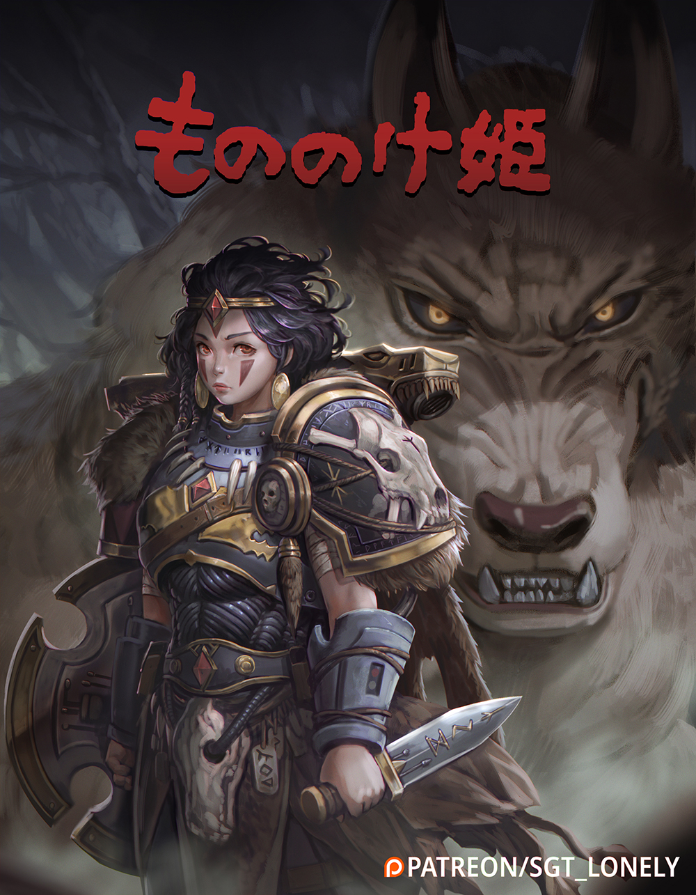 1girl, 1other, adapted_costume, animal, armor, black_hair, black_sclera, breastplate