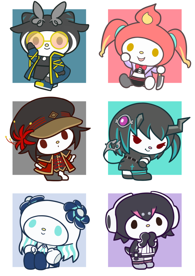 774_inc., animal_costume, closed_mouth, cosplay, gloves, haneuzu_miuneru, hat, hikasa_tomoshika, humboldt_penguin_(kemono_friends), kemono_friends, kemono_friends_v_project, looking_at_viewer, multicolored_hair, my_melody, my_melody_(cosplay), necktie, open_mouth, oura_rukako, rune_(ru-nn), sanrio, shinoshima_raise, shishio_chris, simple_background, sitting, smile, standing, sugar_lyric, virtual_youtuber, voms, white_background