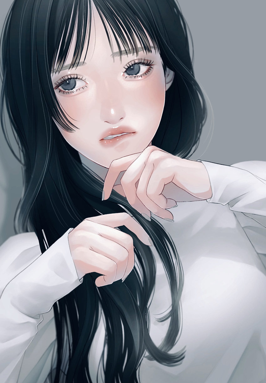 1girl, absurdres, biting, black_eyes, black_hair, fingernails, grey_background, grey_nails