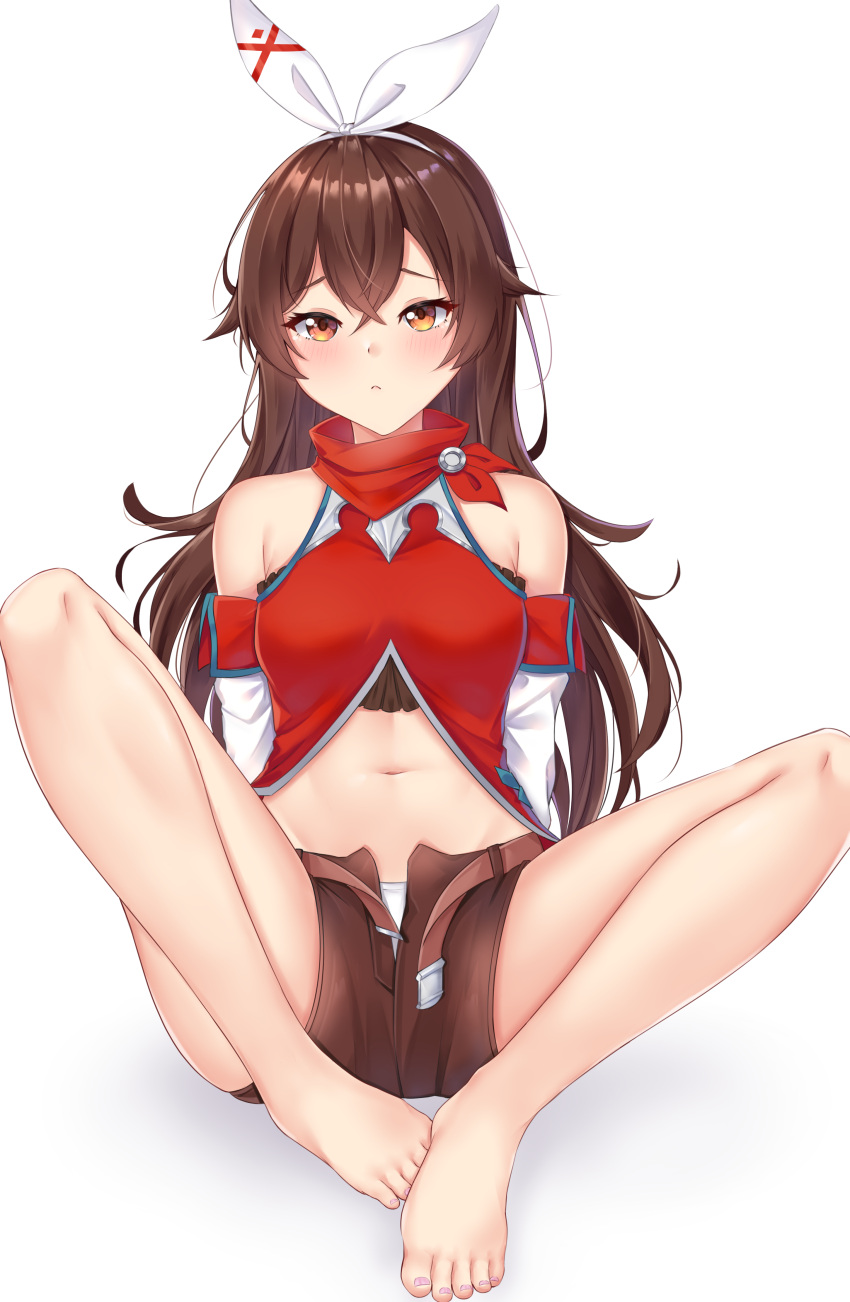 1girl, absurdres, amber_(genshin_impact), arms_behind_back, bangs, bare_legs, bare_shoulders, barefoot, belt, blush, brown_eyes, brown_hair, brown_shorts, crop_top, crossed_bangs, detached_sleeves, frown, genshin_impact, hairband, highres, knees_up, long_hair, looking_at_viewer, midriff, mistraia, navel, open_clothes, open_shorts, red_scarf, red_shirt, scarf, shirt, short_shorts, shorts, sitting, solo, toes, white_hairband
