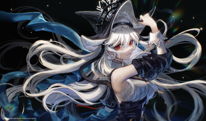 1girl, absurdres, arknights, bare_shoulders, black_background, black_headwear, black_nails, black_skirt
