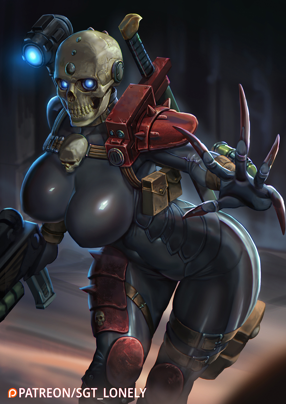 1girl, armor, artificial_eye, assassin, black_bodysuit, blue_eyes, bodysuit, breasts, bullpup, claws, covered_navel, covered_nipples, cyborg, eversor, eversor_assassin, fingernails, glowing, glowing_eyes, gun, highres, holding, holding_gun, holding_weapon, impossible_bodysuit, impossible_clothes, large_breasts, leaning_forward, mechanical_eye, paid_reward_available, pauldrons, reaching_out, sgt_lonely, sharp_fingernails, shiny, shiny_clothes, shoulder_armor, shoulder_cannon, single_pauldron, skin_tight, skull, solo, submachine_gun, teeth, thigh_pouch, warhammer_40k, weapon, weapon_on_back