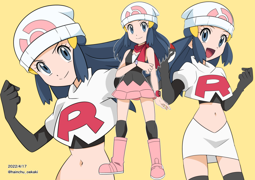 1girl, :d, beanie, black_footwear, black_gloves, black_hair, black_legwear, black_shirt, boots, bracelet, closed_mouth, commentary_request, cosplay, dated, elbow_gloves, eyelashes, gloves, grey_eyes, hainchu, hair_ornament, hairclip, hat, highres, hikari_(pokemon), jacket, jessie_(pokemon), jessie_(pokemon)_(cosplay), jewelry, logo, long_hair, multiple_views, navel, open_mouth, over-kneehighs, pink_footwear, pink_skirt, poke_ball_print, pokemon, pokemon_(anime), pokemon_dppt_(anime), poketch, red_scarf, scarf, shirt, skirt, sleeveless, sleeveless_shirt, smile, team_rocket, team_rocket_uniform, thigh-highs, thigh_boots, tongue, twitter_username, w_arms, watch, watch, white_headwear, white_jacket, white_skirt, yellow_background