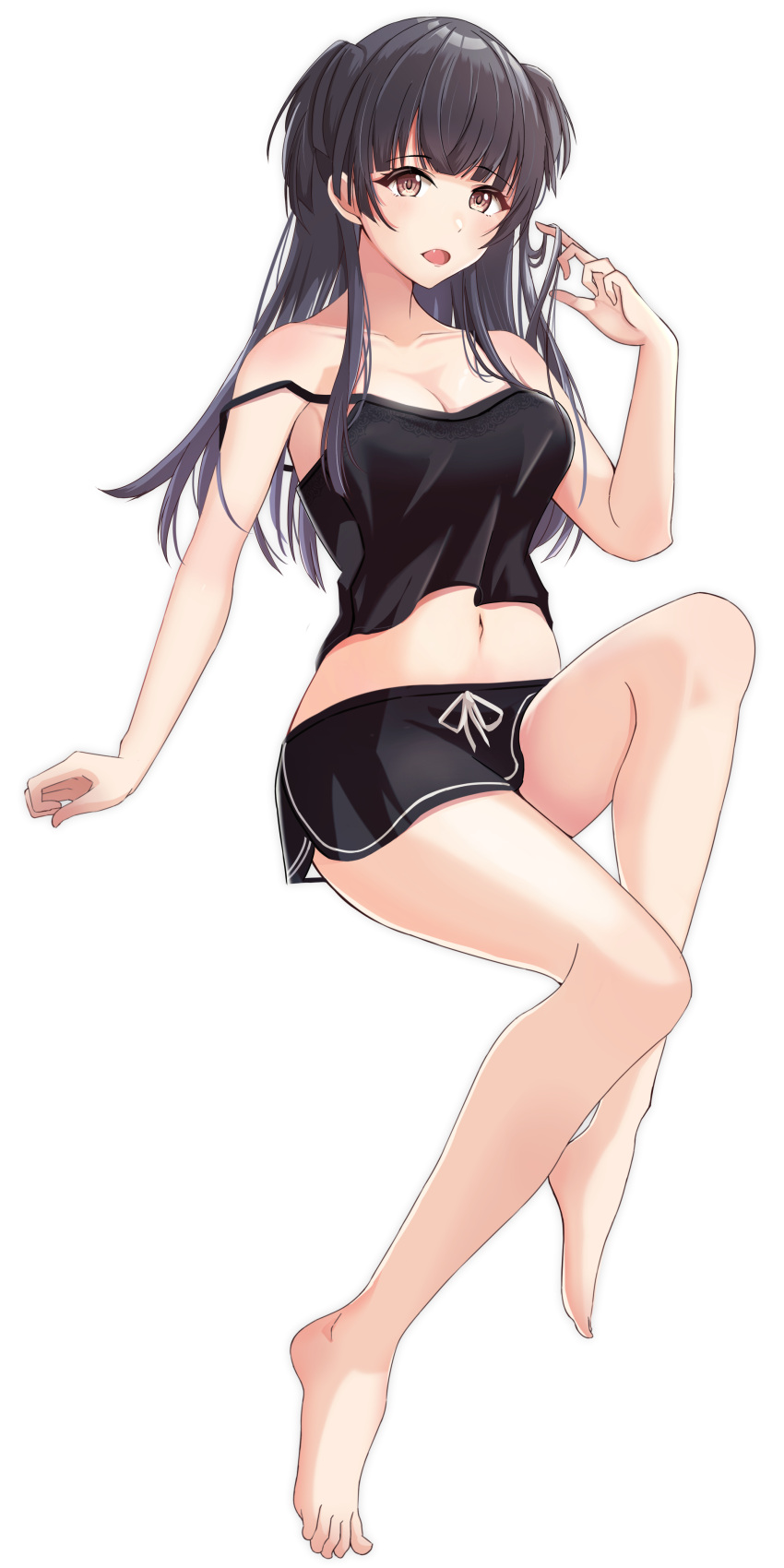 1girl, absurdres, bangs, bare_arms, bare_legs, bare_shoulders, barefoot, black_hair