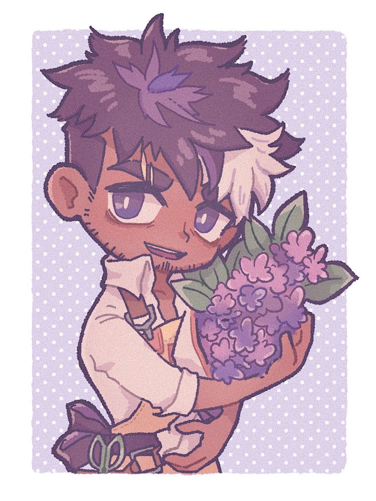 1boy, :p, beard, bouquet, bright_pupils, chibi, cowboy_shot, dark-skinned_male