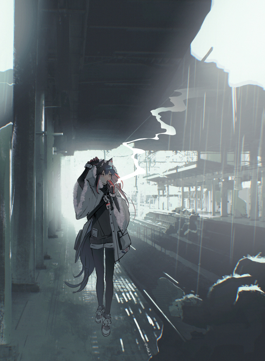 1girl, animal_ear_fluff, animal_ears, arknights, black_gloves, black_hair, black_legwear, black_shirt