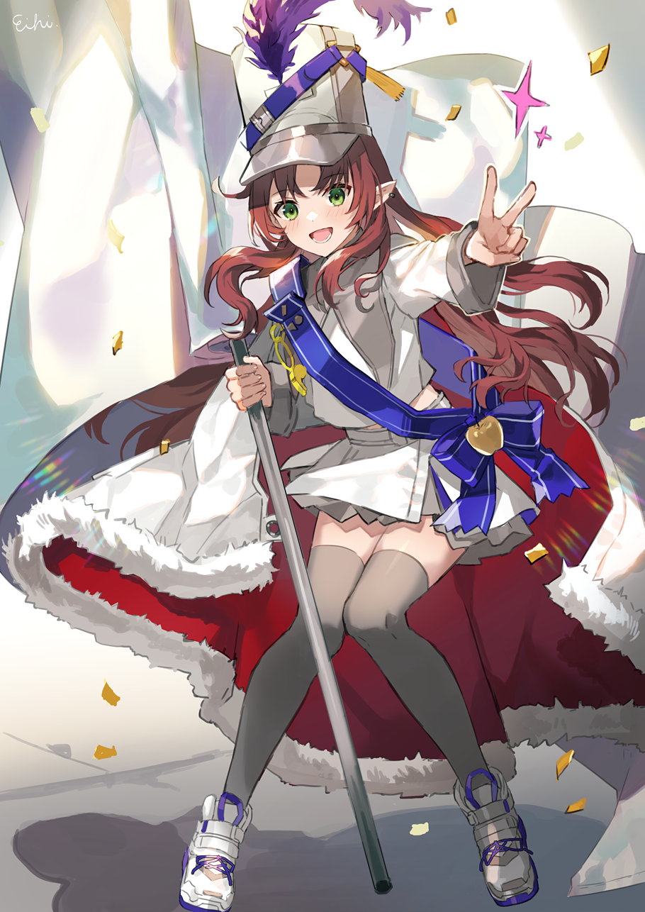 1girl, arknights, artist_name, black_legwear, blue_sash, drum_major, eihi, flag