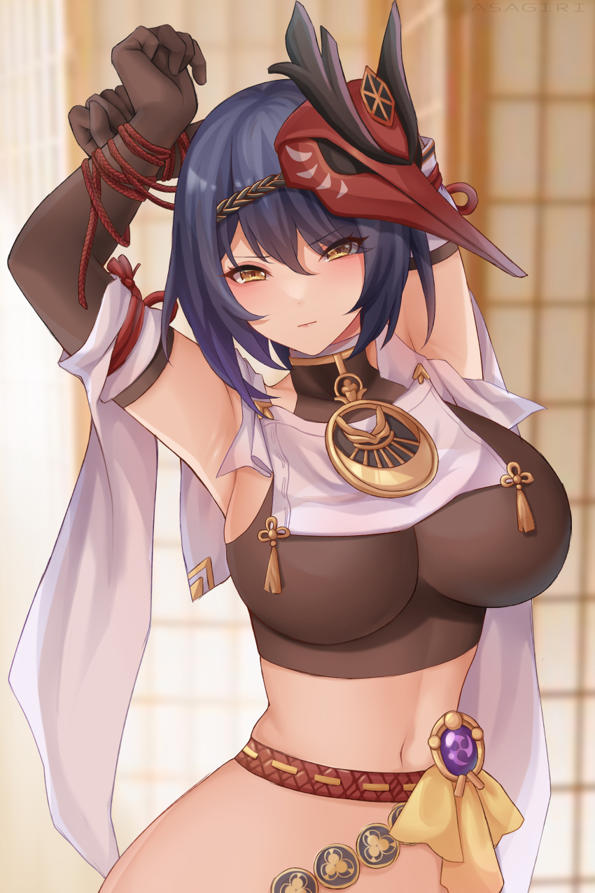 1girl, absurdres, armpits, asagiri_ai, bird_mask, black_hair, breasts, crop_top