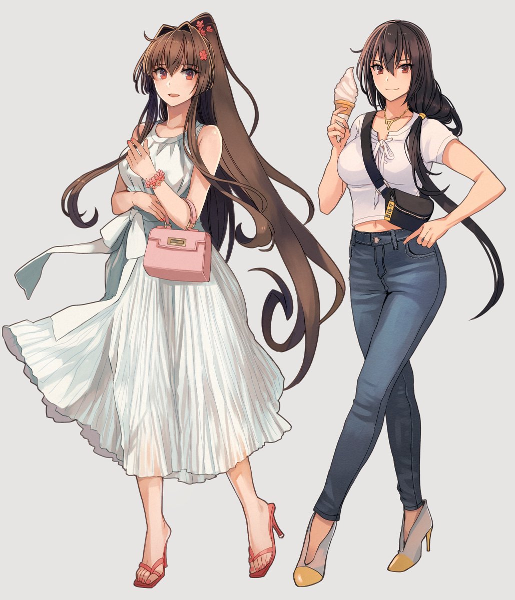 2girls, alternate_costume, alternate_hairstyle, bag, black_hair, brown_eyes, brown_hair, casual