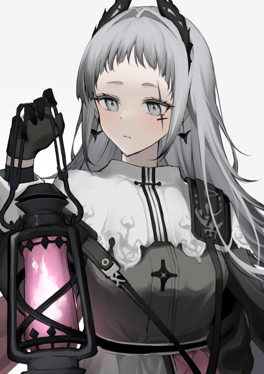 1girl, absurdres, arknights, black_gloves, black_jacket, breasts, closed_mouth, earrings