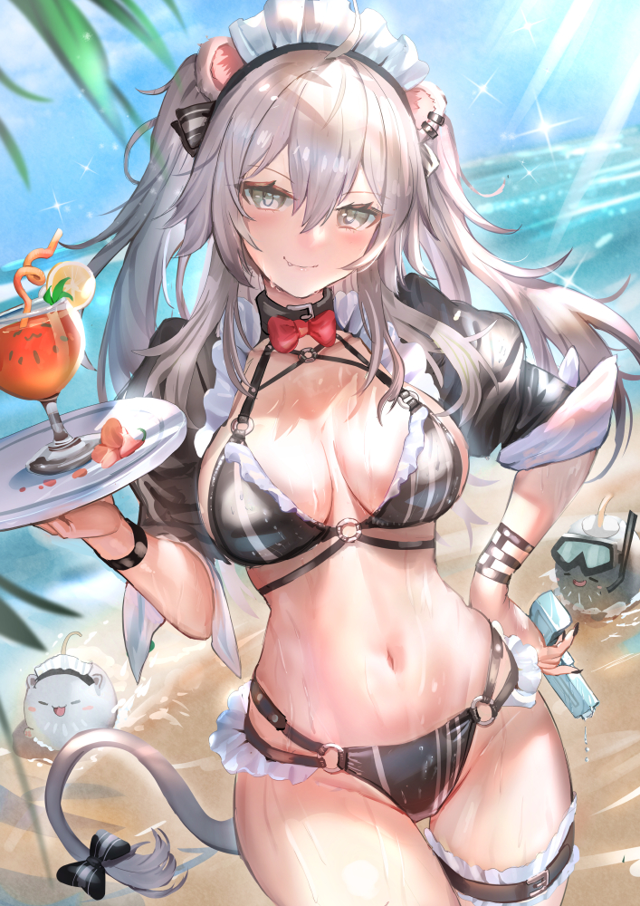 1girl, animal_ears, bangs, beach, bikini, black_bikini, black_bow, black_nails
