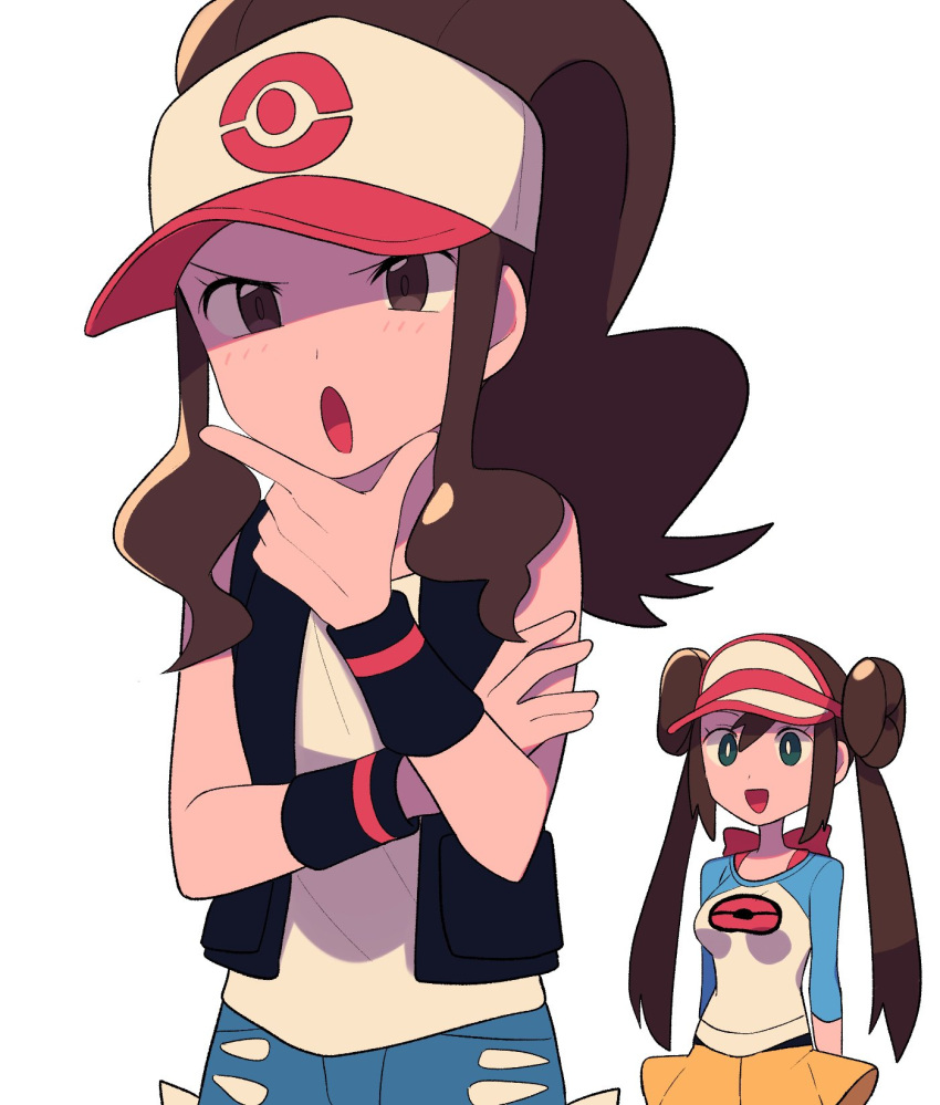 2girls, :d, :o, baseball_cap, black_legwear, black_vest, blush, bow