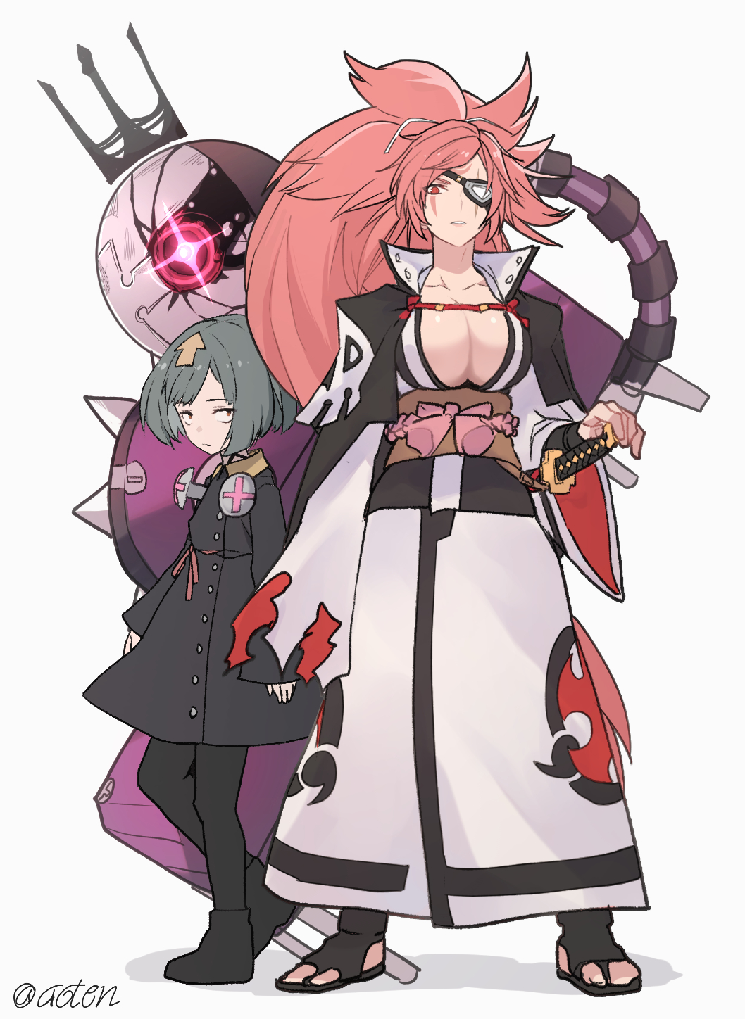 2girls, aoten_(aoiroarekore), baiken, black_footwear, brown_eyes, closed_mouth, collarbone, crack