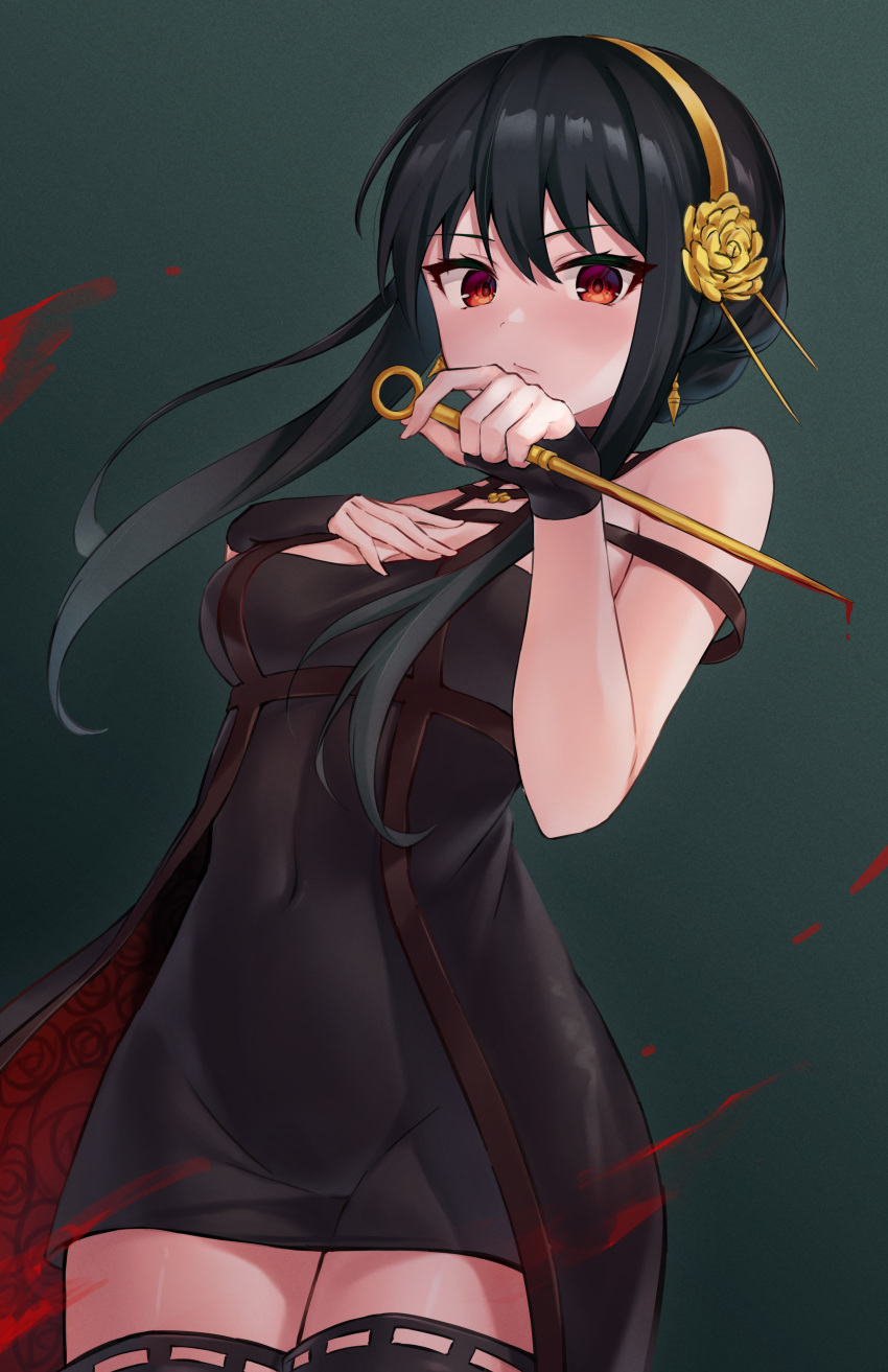 1girl, absurdres, bangs, bare_arms, bare_shoulders, black_background, black_dress, black_gloves