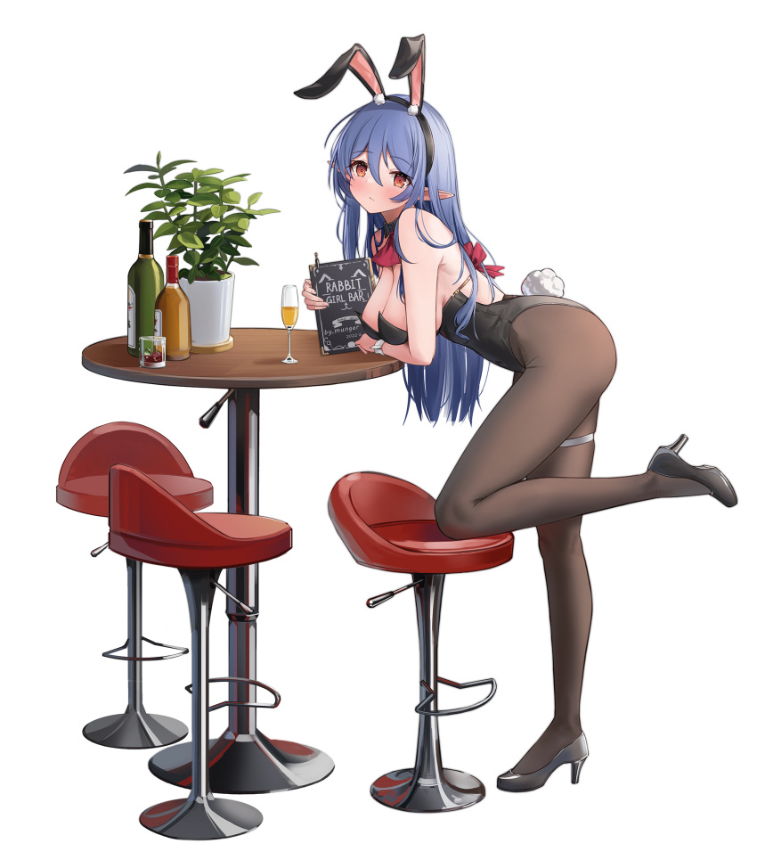 1girl, alcohol, animal_ears, arm_under_breasts, bangs, bare_shoulders, black_leotard, blue_hair