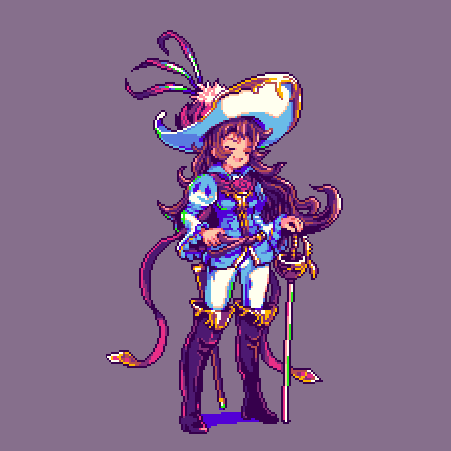 1girl, ange_(granblue_fantasy), boots, brown_hair, closed_eyes, granblue_fantasy, hat, long_hair, lowres, open_mouth, pixel_art, rapier, simple_background, solo, sword, tnitor, wavy_hair, weapon