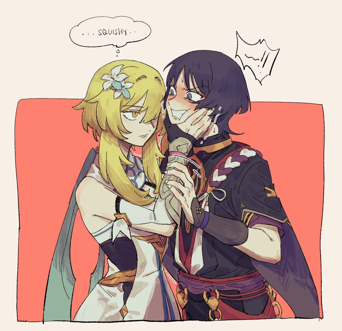 !, !!, 1boy, 1girl, black_hair, blonde_hair, blush, cape