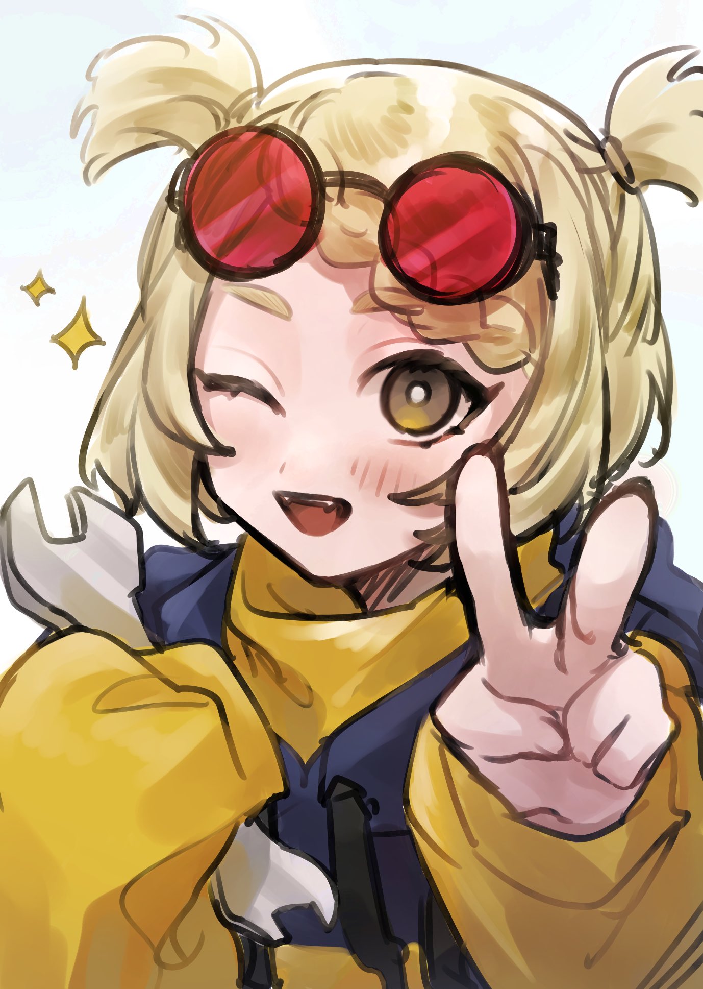 1girl, black-framed_eyewear, blonde_hair, blush, braid, eyewear_on_head, glasses, grey_background