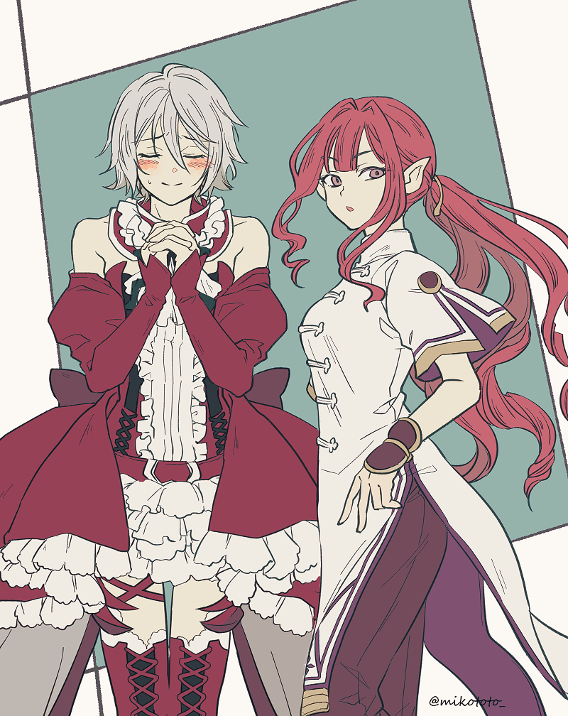 1boy, 1girl, blush, chinese_clothes, closed_eyes, cosplay, costume_switch, crossdressing, detached_sleeves, dress, fairy_knight_tristan_(fate), fate/grand_order, fate_(series), long_hair, low_ponytail, own_hands_together, pants, pointy_ears, prince_of_lan_ling_(fate), red_dress, redhead, shuiqin, strapless, strapless_dress, thigh-highs, twitter_username, white_hair