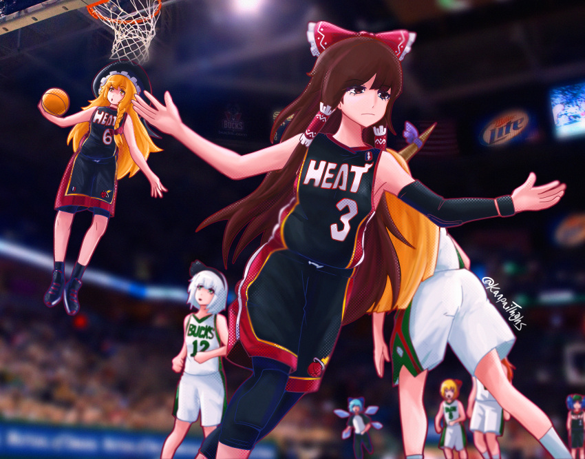 6+girls, absurdres, artist_name, audience, ball, basketball, basketball_court, basketball_hoop