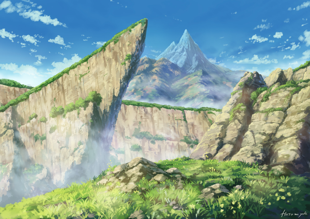 blue_sky, cliff, clouds, cloudy_sky, commentary_request, day, fog, grass
