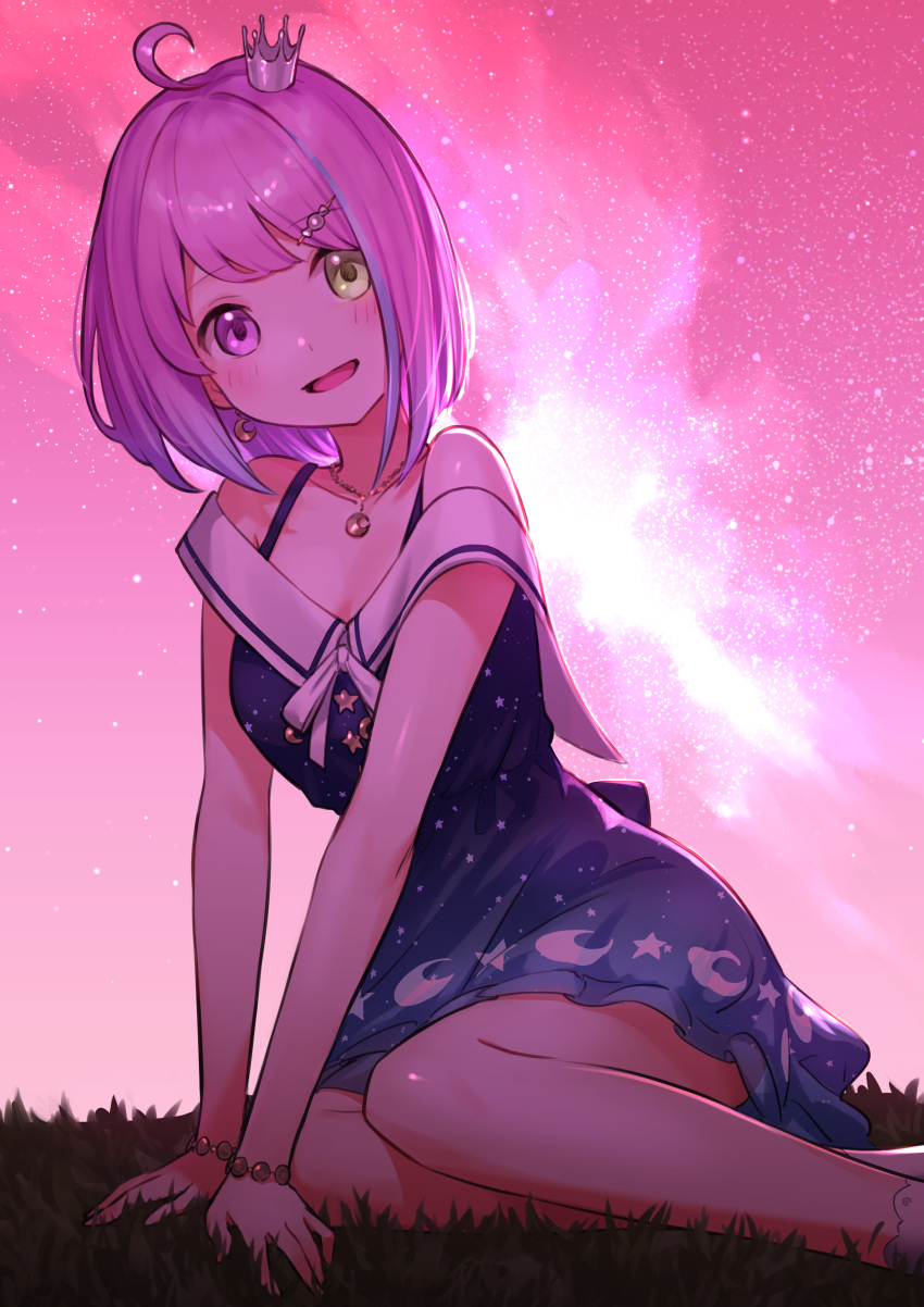1girl, absurdres, ahoge, bangs, blue_dress, blue_hair, blush, bracelet
