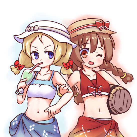 100_percent_orange_juice, 2girls, bangs, barrel, bikini, blonde_hair, blue_bikini, blue_eyes