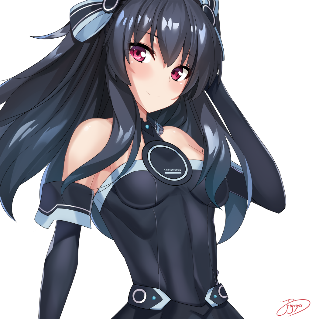 1girl, bare_shoulders, black_gloves, black_hair, blush, breasts, dress, elbow_gloves
