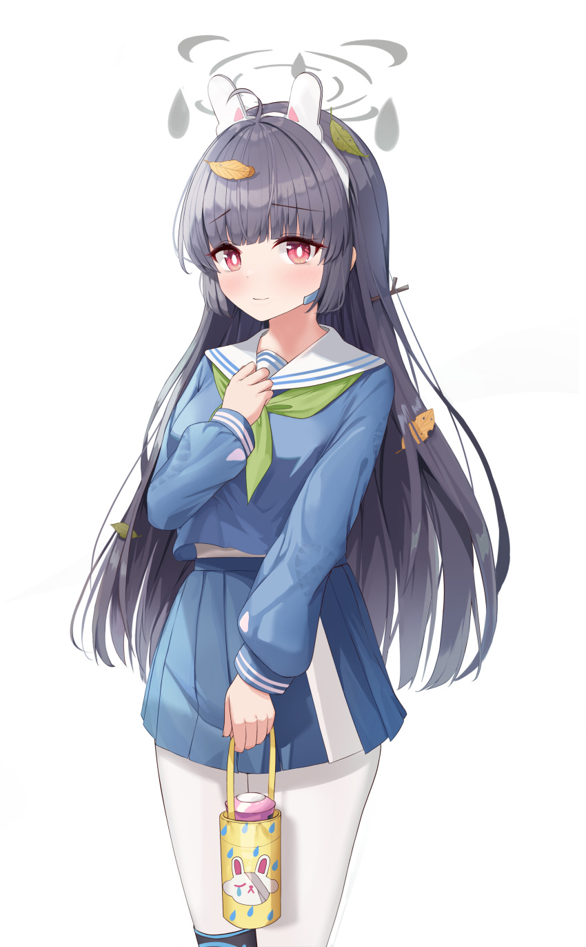 1girl, absurdres, ahoge, black_gloves, black_hair, blue_archive, blue_serafuku, blue_shirt, blue_skirt, blush, gloves, green_neckerchief, halo, highres, holding, knee_pads, leaf, leaf_on_head, light_smile, long_hair, long_sleeves, miyu_(blue_archive), neckerchief, nomi_(gpjg7877), pantyhose, pleated_skirt, red_eyes, sailor_collar, school_uniform, serafuku, shirt, simple_background, single_knee_pad, skirt, solo, white_background, white_legwear