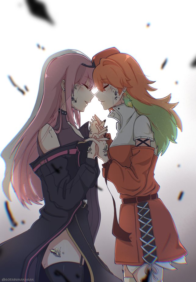2girls, alternate_costume, bruise, bruise_on_face, collaboration, couple, earrings, facing_another
