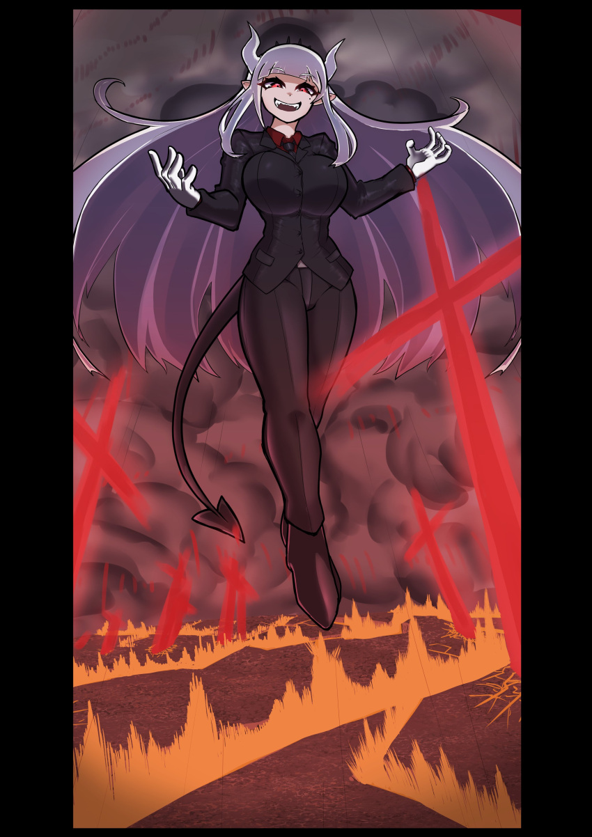 1girl, absurdres, apocalypse, black_footwear, black_jacket, black_pants, black_tail, breasts, burning, bursting, bursting_from_ground, clouds, cloudy_sky, cross, crown, demon_girl, demon_horns, demon_tail, evil, evil_eyes, evil_smile, fiery_background, fire, floating_hair, gloves, helltaker, highres, horns, jacket, large_breasts, long_hair, lucifer_(helltaker), neon_genesis_evangelion, pants, red_eyes, ryoudo_1919, shoes, sky, smile, tail, thighs, very_long_hair, white_gloves, white_hair, white_horns