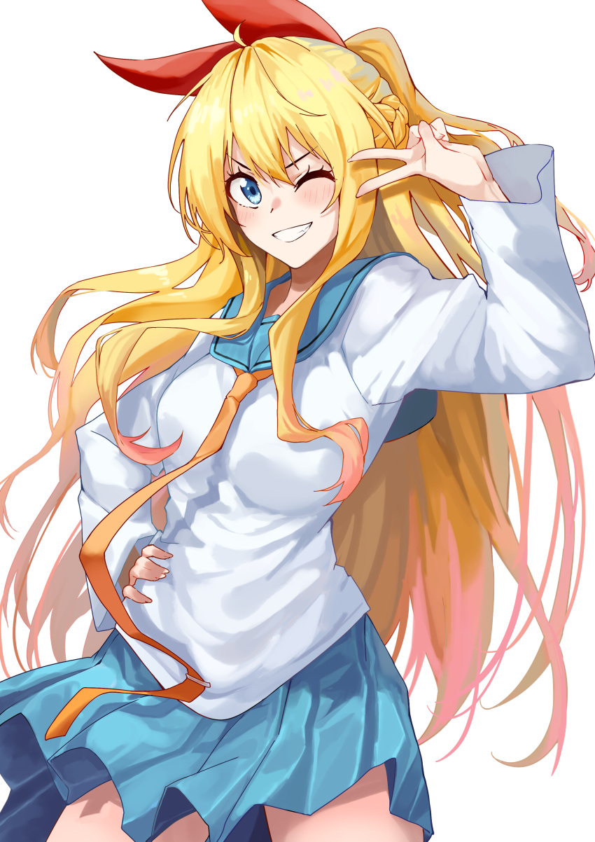 1girl, absurdres, bangs, blonde_hair, blue_eyes, blue_sailor_collar, blue_skirt, blush